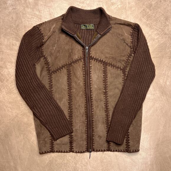 Vintage 90s Cal Fashion Brown Patchwork Panel Stitched Knit Zip Up Jacket Grunge - Picture 1 of 7